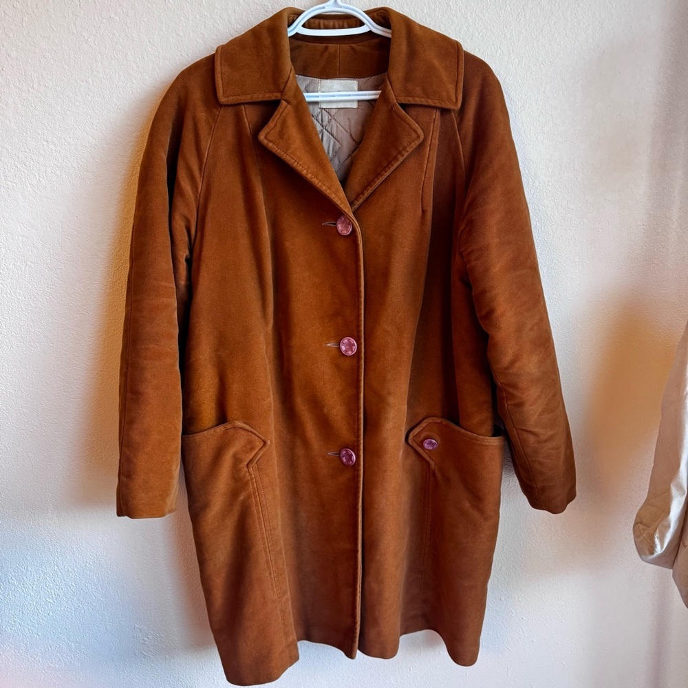 Irving Posluns Brown Suede Leather Coat Jacket Women’s Large Vintage Pink Button - Picture 7 of 10